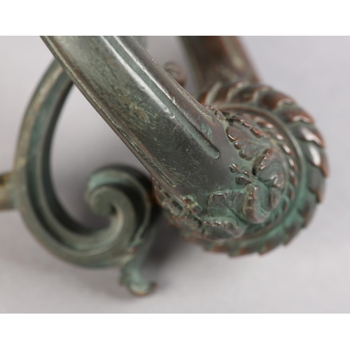 34 - A 19TH CENTURY BRONZE DOOR KNOCKER,  c1820, acanthus leaf capped reeded arms and acanthus strike pla... 
