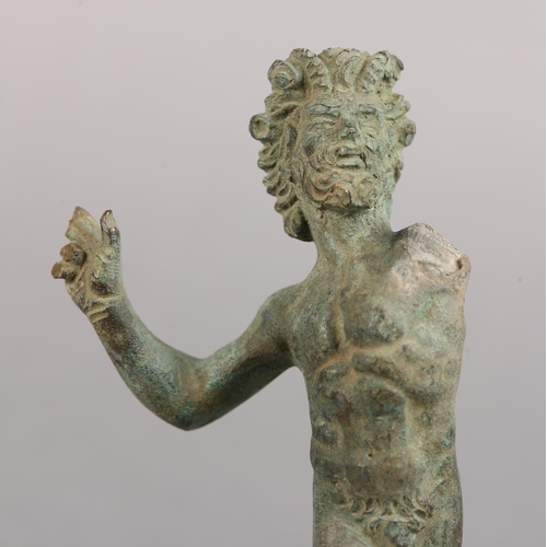 35 - A 19TH CENTURY BRONZE FIGURE OF PAN, green patination, previously as a clock mount or similar, 5cm h... 