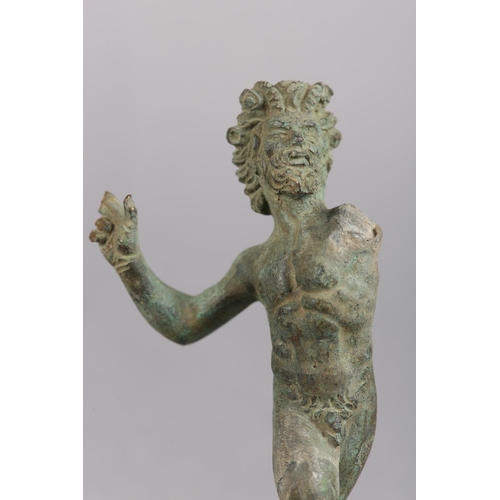 35 - A 19TH CENTURY BRONZE FIGURE OF PAN, green patination, previously as a clock mount or similar, 5cm h... 