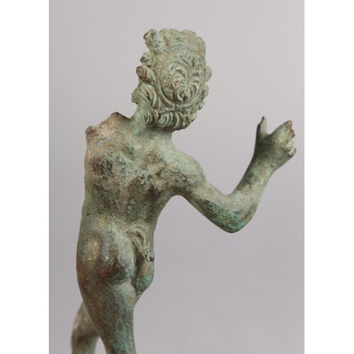 35 - A 19TH CENTURY BRONZE FIGURE OF PAN, green patination, previously as a clock mount or similar, 5cm h... 
