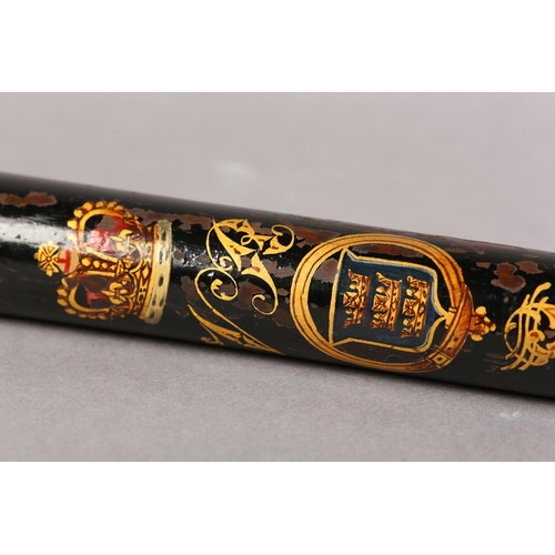 21 - A VICTORIAN CEREMONIAL TRUNCHEON, painted in gilt with crowned VR above a coat of arms, named for J.... 