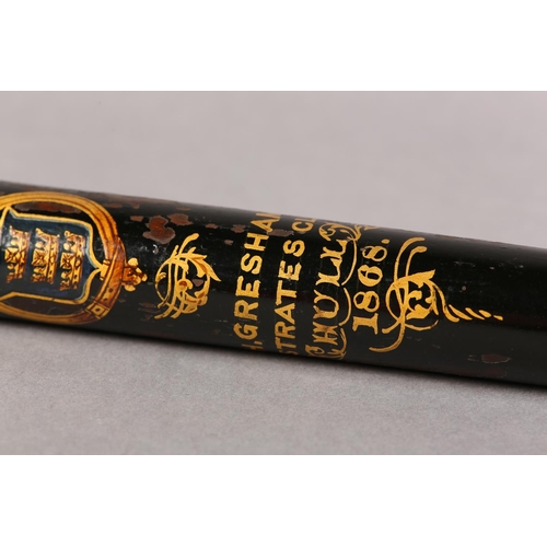 21 - A VICTORIAN CEREMONIAL TRUNCHEON, painted in gilt with crowned VR above a coat of arms, named for J.... 