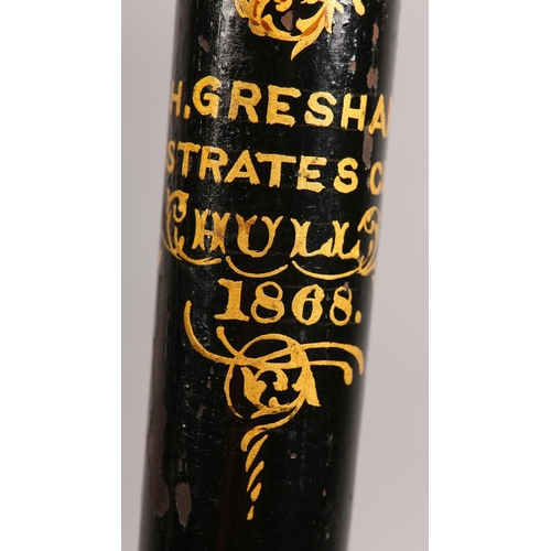 21 - A VICTORIAN CEREMONIAL TRUNCHEON, painted in gilt with crowned VR above a coat of arms, named for J.... 