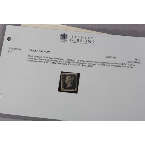 1 - 1840: Unused QV Penny Black SG2 Impf Plate 10 with large part original gum lettered D - C Small Crow... 