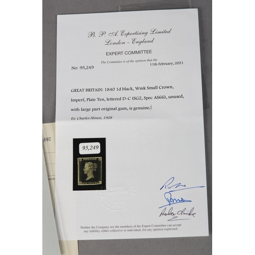 1 - 1840: Unused QV Penny Black SG2 Impf Plate 10 with large part original gum lettered D - C Small Crow... 