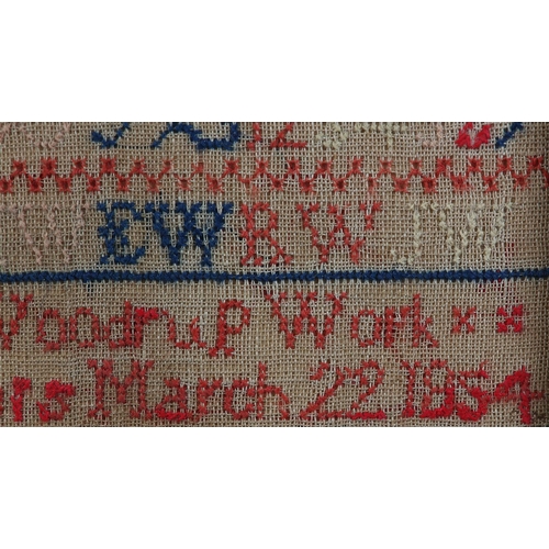 12 - A MID 19TH CENTURY SAMPLER by Elizabeth Woodrup Aged 12 Years March 22 1854, with alphabet and numbe... 