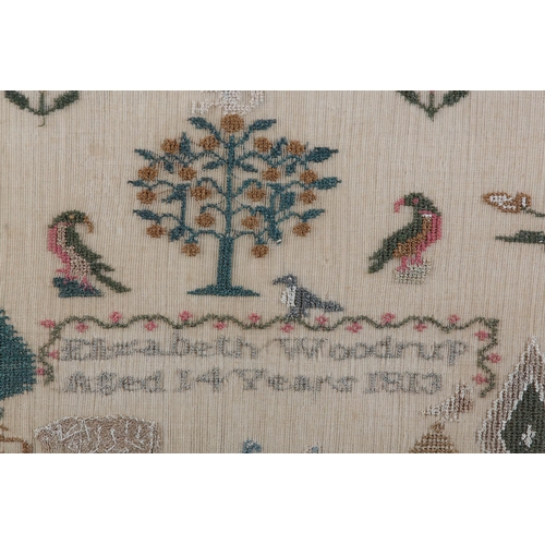 11 - AN EARLY 19TH CENTURY SAMPLER by Elizabeth Woodrup Aged 14 years 1813, worked in coloured silks, wit... 