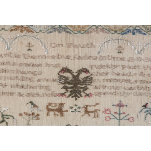 11 - AN EARLY 19TH CENTURY SAMPLER by Elizabeth Woodrup Aged 14 years 1813, worked in coloured silks, wit... 