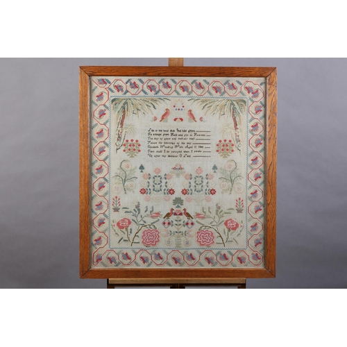 13 - A MID 19TH CENTURY SAMPLER by Elizabeth Woodrup Aged 13 1855, worked in coloured wools on linen with... 