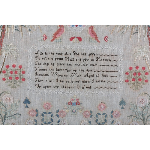 13 - A MID 19TH CENTURY SAMPLER by Elizabeth Woodrup Aged 13 1855, worked in coloured wools on linen with... 