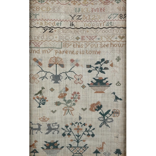 10 - AN EARLY 19TH CENTURY SAMPLER by Elizabeth Woodrup Aged 10 1809, worked in coloured silks, with 'By ... 