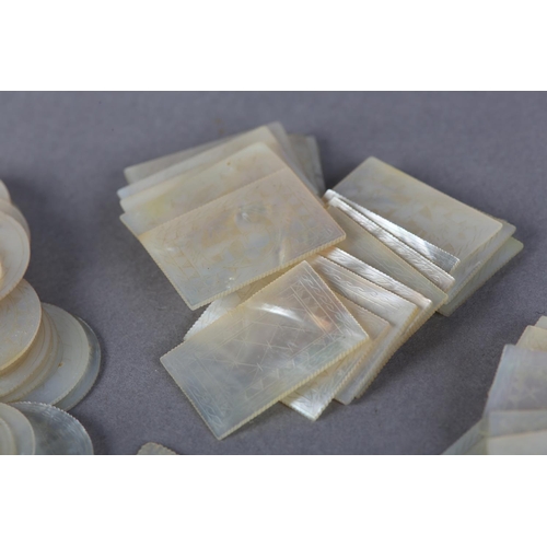 45 - A QUANTITY OF 18TH CENTURY CHINESE MOTHER OF PEARL GAMING COUNTERS, of rectangular (2 sizes) and cir... 