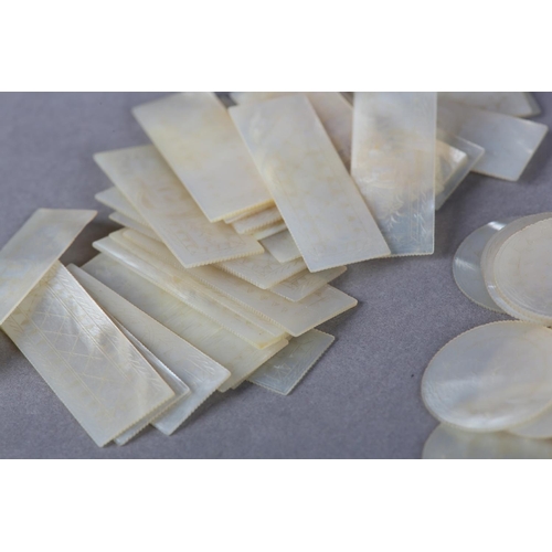 45 - A QUANTITY OF 18TH CENTURY CHINESE MOTHER OF PEARL GAMING COUNTERS, of rectangular (2 sizes) and cir... 