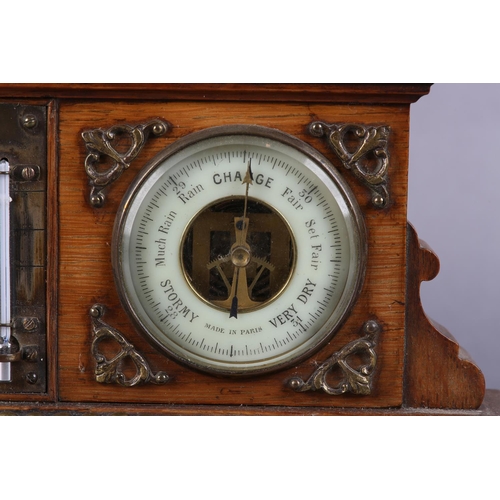 56 - A LATE 19TH CENTURY FRENCH OAK AND BRASS MOUNTED CLOCK BAROMETER-THERMOMETER, of architectural desig... 