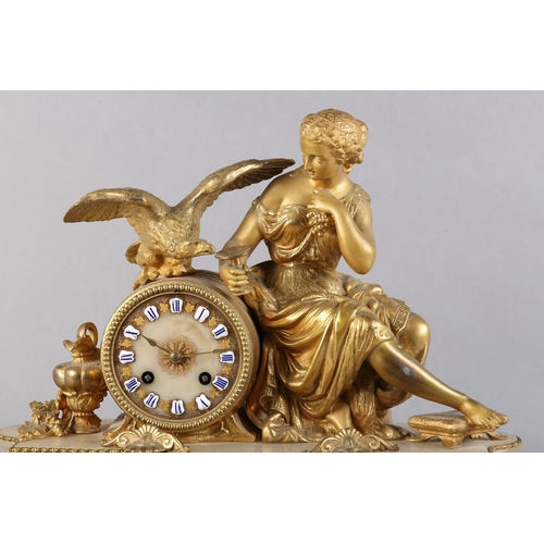 57 - A 19TH CENTURY FRENCH GILT METAL AND ALABASTER MANTEL CLOCK BY JAPY FRERES, having a 8-day drum move... 