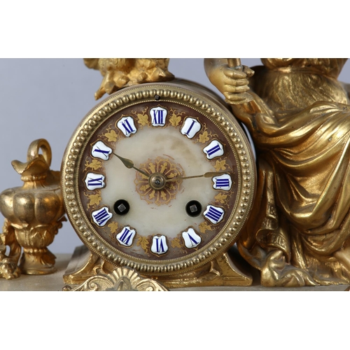 57 - A 19TH CENTURY FRENCH GILT METAL AND ALABASTER MANTEL CLOCK BY JAPY FRERES, having a 8-day drum move... 