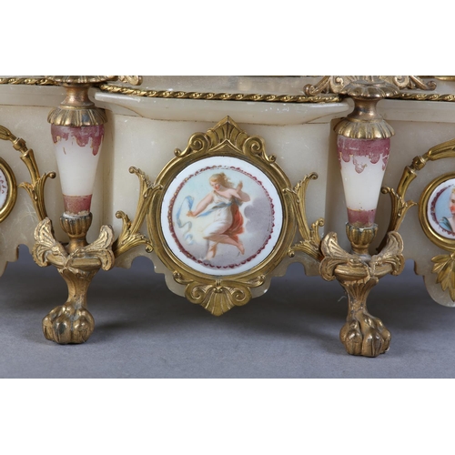 57 - A 19TH CENTURY FRENCH GILT METAL AND ALABASTER MANTEL CLOCK BY JAPY FRERES, having a 8-day drum move... 