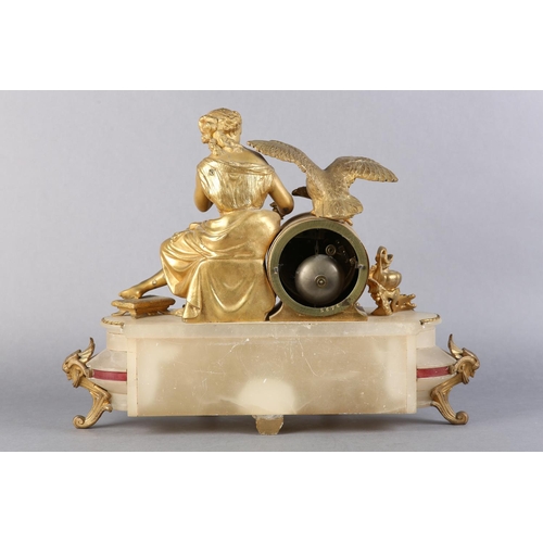 57 - A 19TH CENTURY FRENCH GILT METAL AND ALABASTER MANTEL CLOCK BY JAPY FRERES, having a 8-day drum move... 