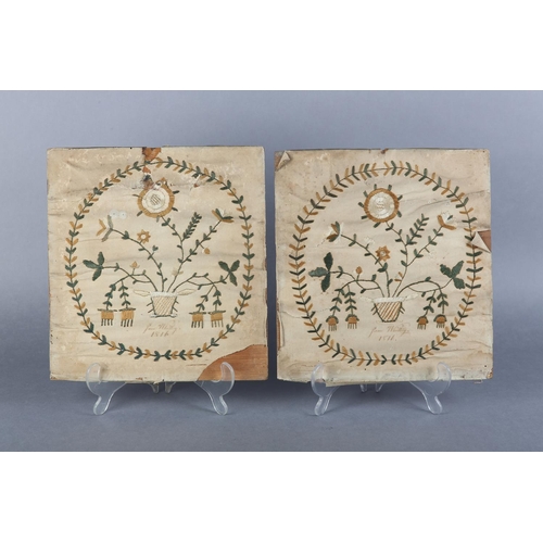 16 - A PAIR OF REGENCY NEEDLEWORK PANELS, signed in ink Jane Whittey 1816, worked on paper in green, ivor... 