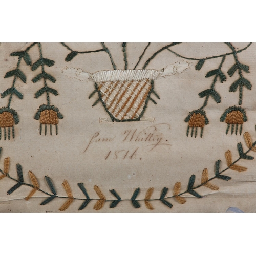 16 - A PAIR OF REGENCY NEEDLEWORK PANELS, signed in ink Jane Whittey 1816, worked on paper in green, ivor... 