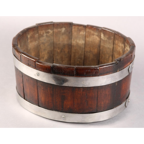 50 - A SMALL 19TH CENTURY OAK AND STEEL BOUND BARREL, of oval outline, 30cm x 25cm x 15cm high