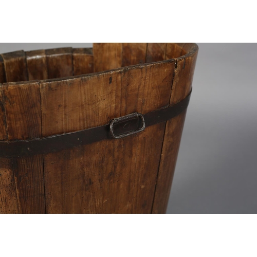 51 - A LATE 19TH/EARLY 20TH CENTURY COOPERED PINE AND IRON BOUND GRAPE HOD, 45cm x 37cm x 58cm high