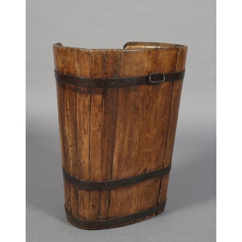 51 - A LATE 19TH/EARLY 20TH CENTURY COOPERED PINE AND IRON BOUND GRAPE HOD, 45cm x 37cm x 58cm high