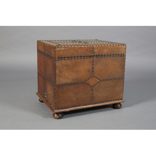 29 - AN EARLY 20TH CENTURY MAHOGANY, TAN LEATHER AND CLOSE NAILED COAL BOX, 56cm wide x 43cm deep x 48cm ... 
