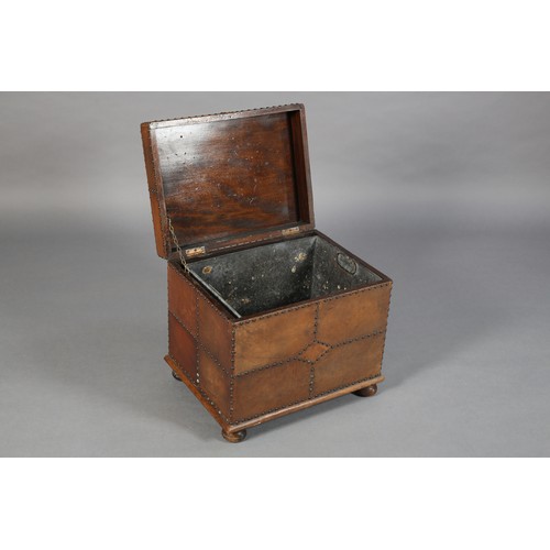 29 - AN EARLY 20TH CENTURY MAHOGANY, TAN LEATHER AND CLOSE NAILED COAL BOX, 56cm wide x 43cm deep x 48cm ... 