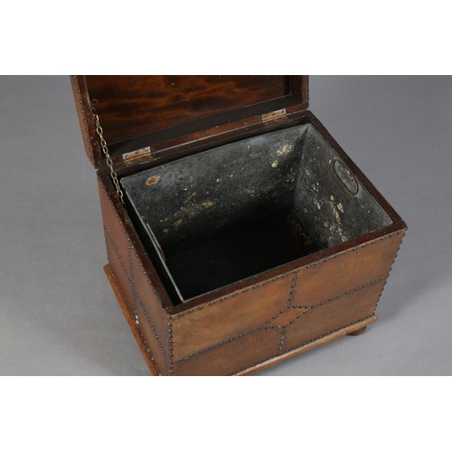29 - AN EARLY 20TH CENTURY MAHOGANY, TAN LEATHER AND CLOSE NAILED COAL BOX, 56cm wide x 43cm deep x 48cm ... 
