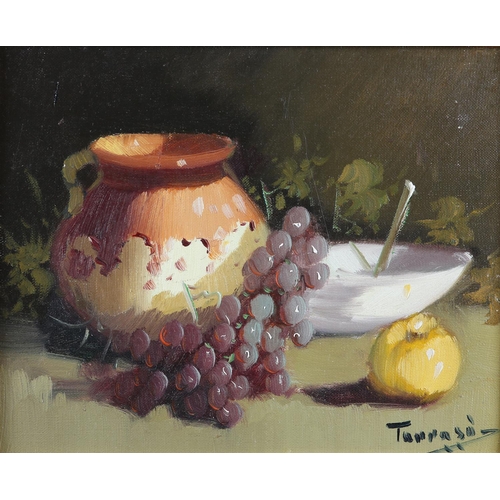 48 - ARR Antonio Tarraso (Spanish b1946) Still life of grapes, lemon and jug; grapes, melon and jug, a pa... 