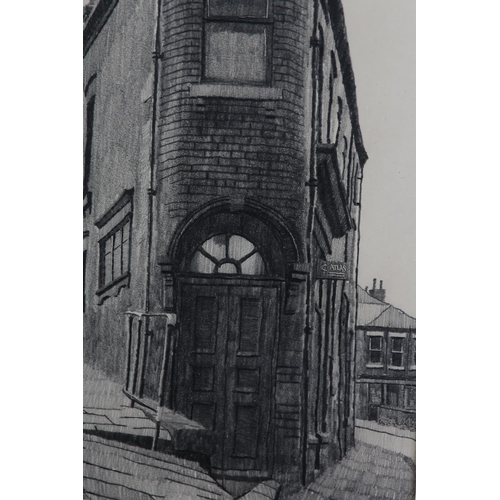 4 - ARR Stuart Walton (b1933), Narrow Building, Servia Road, Leeds, street scene, graphite and charcoal,... 