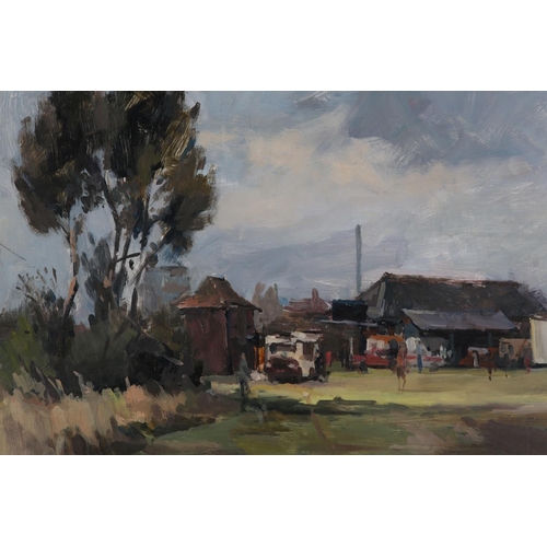 41 - ARR Gordon Radford (1936-2015) Edge of the cricket pitch, oil on board, unsigned, 40.5cm x 61cm, unf... 