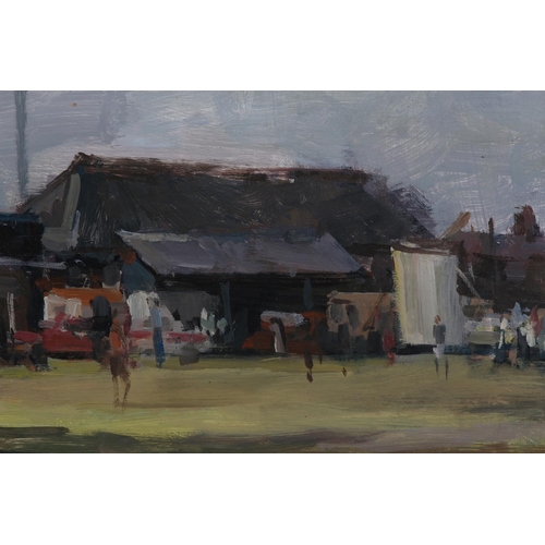 41 - ARR Gordon Radford (1936-2015) Edge of the cricket pitch, oil on board, unsigned, 40.5cm x 61cm, unf... 