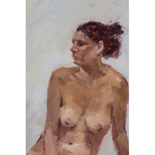 27 - ARR Gordon Radford (1936-2015), Female nude, sitting, three quarter length, oil on board, unsigned, ... 