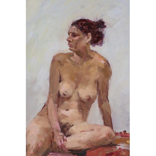 27 - ARR Gordon Radford (1936-2015), Female nude, sitting, three quarter length, oil on board, unsigned, ... 