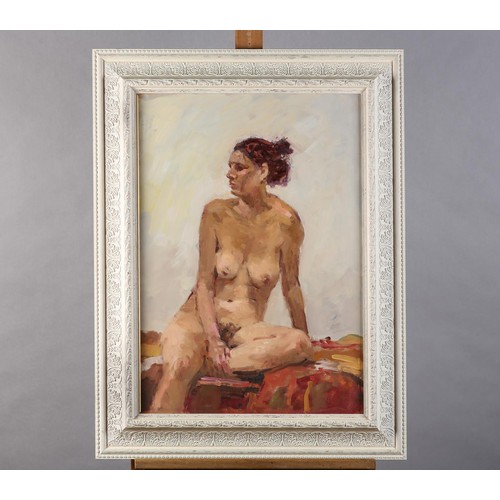 27 - ARR Gordon Radford (1936-2015), Female nude, sitting, three quarter length, oil on board, unsigned, ... 