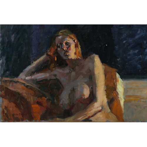 28 - ARR Gordon Radford (1936-2015), Female nude, half length, oil on board, signed to lower left, unfram... 