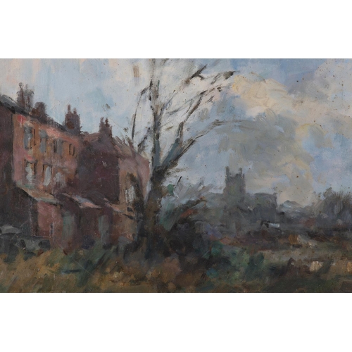 30 - ARR Gordon Radford (1936-2015), Edge of the town, oil on canvas, unsigned, unframed, 40.5cm x 51cm, ... 