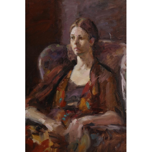 29 - ARR Gordon Radford (1936-2015), Female sitting in an armchair, half length, oil on board, signed to ... 
