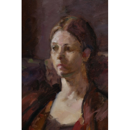 29 - ARR Gordon Radford (1936-2015), Female sitting in an armchair, half length, oil on board, signed to ... 