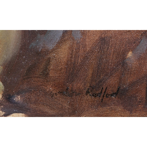 29 - ARR Gordon Radford (1936-2015), Female sitting in an armchair, half length, oil on board, signed to ... 