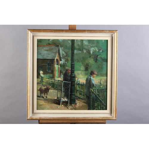 26 - ARR Gordon Radford (1936-2015), Boathouse and canal with figures, oil on board, unsigned, 51cm x 51c... 