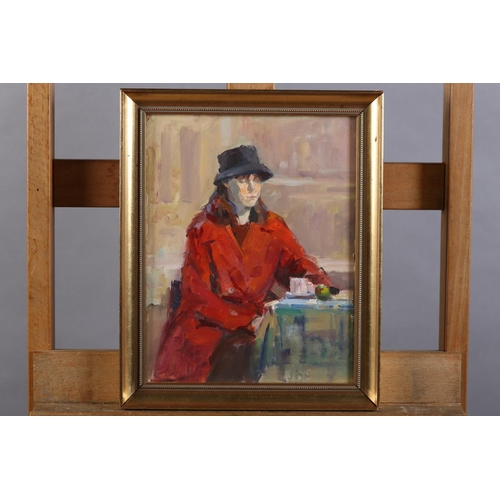 33 - ARR Gordon Radford (1936-2015), Lady in Red, three quarter portrait, oil on board, unsigned, title a... 