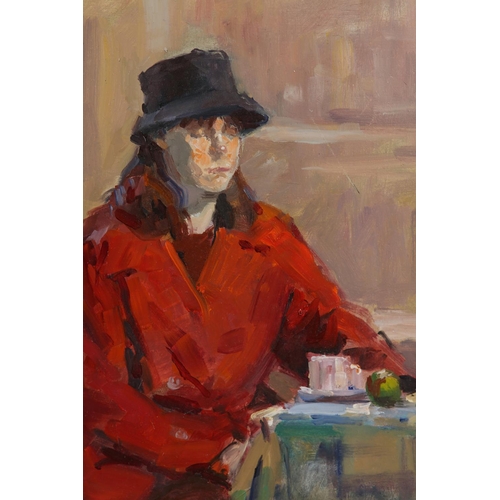 33 - ARR Gordon Radford (1936-2015), Lady in Red, three quarter portrait, oil on board, unsigned, title a... 