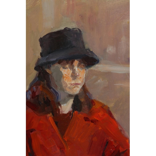 33 - ARR Gordon Radford (1936-2015), Lady in Red, three quarter portrait, oil on board, unsigned, title a... 