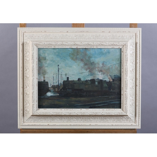 35 - ARR Gordon Radford (1936-2015) Train in steam, oil on board, unsigned, 25.5cm x 35.5cm, artist's stu... 