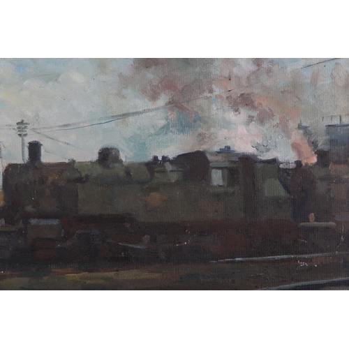 35 - ARR Gordon Radford (1936-2015) Train in steam, oil on board, unsigned, 25.5cm x 35.5cm, artist's stu... 