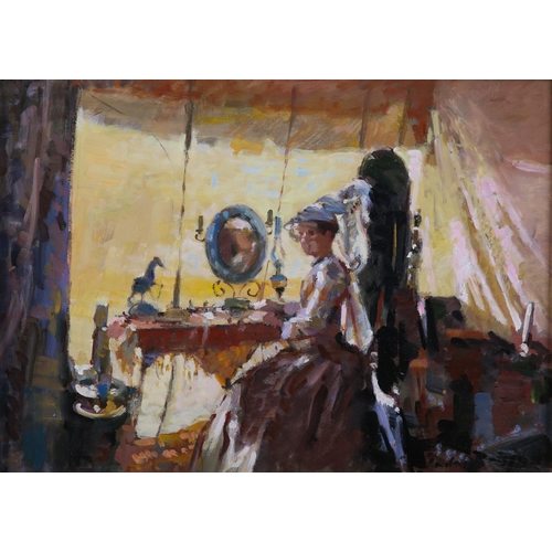 12 - ARR Gordon Radford (1936-2015) On Location, tented dressing room with actress, oil on board, signed ... 
