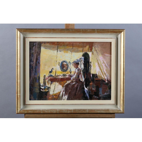 12 - ARR Gordon Radford (1936-2015) On Location, tented dressing room with actress, oil on board, signed ... 